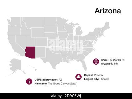 Arizona politische Karte mit Kapital Phoenix, wichtige Städte, Flüsse, Seen. Staat im Südwesten 