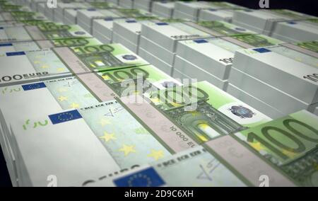 Euro Money Pack 3d-Illustration. 100 EUR Banknotenbündelstapel. Konzept der Finanzen, Bargeld, Wirtschaftskrise, Geschäftserfolg, Rezession, Bank, Steuern und Stockfoto