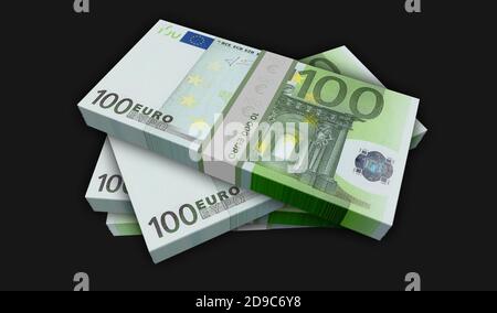 Euro Money Pack 3d-Illustration. 100 EUR Banknotenbündelstapel. Konzept der Finanzen, Bargeld, Wirtschaftskrise, Geschäftserfolg, Rezession, Bank, Steuern und Stockfoto