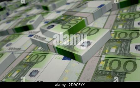 Euro Money Pack 3d-Illustration. 100 EUR Banknotenbündelstapel. Konzept der Finanzen, Bargeld, Wirtschaftskrise, Geschäftserfolg, Rezession, Bank, Steuern und Stockfoto