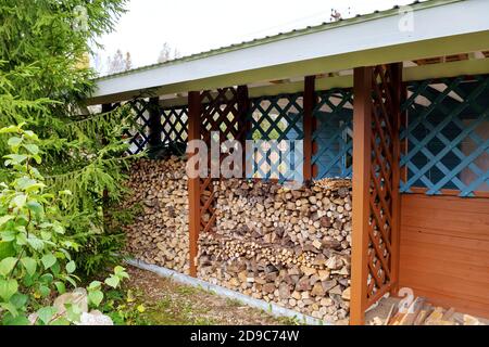 Im Holzschuppen wird Brennholz verschiedener Baumarten gelagert. Konzept des Landlebens Stockfoto