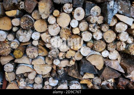 Waldfeuerholz ist ordentlich in einem Holzstapel außerhalb gestapelt. Verschwommen auf dem Hintergrund. Nicht fokussiert Stockfoto