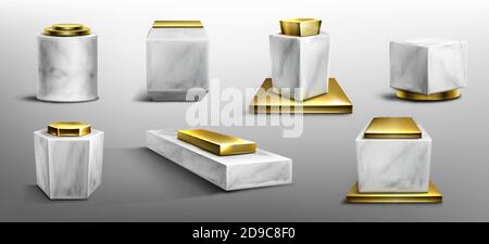 Sockel aus Marmor und Gold zur Präsentation von Produkten, Exponaten oder Trophäen. Vector realistische Set von leeren modernen Podien verschiedenen Formen, Stein und goldenen Plattformen für Schaufenster, Museum oder Exposition Stock Vektor