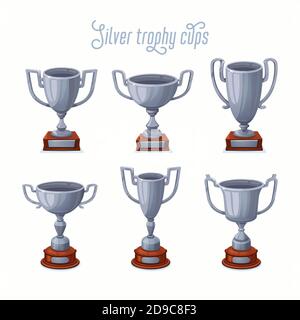 Silberne Pokale. Silber Award Cup Set mit verschiedenen Formen - 2. Platz Gewinner Trophäen Stock Vektor