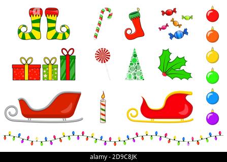 Weihnachts-Symbole-Kollektion. Große Reihe von Weihnachten Symbole. Saisonale Cartoon-Illustrationen isoliert auf weiß. Urlaub Ornament und Dekorationen. Holly Berry, Stock Vektor