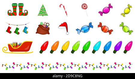 Weihnachts-Icon-Set. Große Sammlung von Weihnachten Symbole. Saisonale Cartoon-Illustrationen isoliert auf weiß. Urlaub Vektor Clipart mit Elfen Schuhe, Licht str Stock Vektor