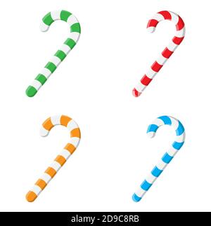 Weihnachtlich gestreiftes Lollipop-Set. Candy-Cane-Kollektion. Pfefferminzstift-Illustration isoliert auf weißem Hintergrund. Grün, rot, blau, orange Vektor orn Stock Vektor