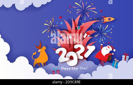 Neues Jahr Werbedesign. Weihnachtsmann mit Geschenkbox und Feuerwerk über großen Zahlen 2021 auf blauem Himmel Hintergrund. Vektor Papier schneiden Kunst Illustration für Werbebanner, Header, Poster, Aufkleber Stock Vektor