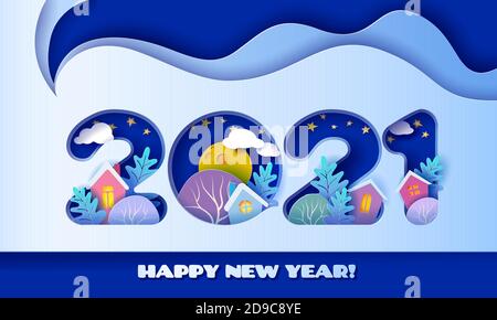 Winter Landschaft Dorf mit Häusern, Pinien im Inneren blauen Zahlen 2021. Frohe Weihnachten und Neujahr Hintergrund. Weihnachten Saison Papier Schnitt Kunst Stil Vektor Illustration Stock Vektor