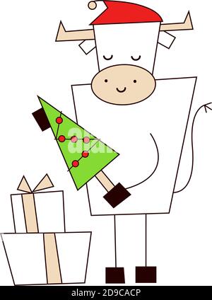Weißer Ochse. Frohe Weihnachten und ein glückliches neues Jahr 2021. Lustige niedliche kawaii Stier mit Geschenken und weihnachtsbaum isoliert auf weiß. Kuh im roten Weihnachtsmann Stock Vektor