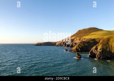 Ein Blick auf Ynys Lochtyn von den Cliffspitzen über LLangrannog, Ceredigion, Wales Stockfoto