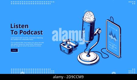 Hören Sie sich das Podcast-Banner an. Nehmen Sie Radiosendungen, Audiointerviews, Live-Gespräche auf. Vektor Landing Page von Podcasting Geschäft mit isometrischen Medien Ausrüstung, Mikrofon, Smartphone und Lautsprecher Stock Vektor