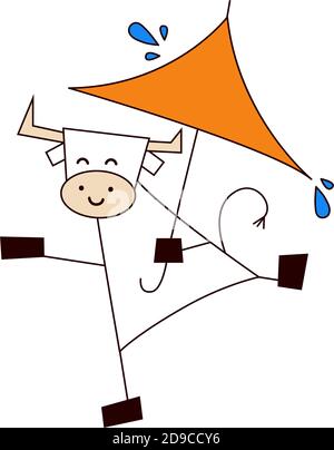 Frohes neues Jahr 2021. Das Jahr des Ochsen. Lustige niedliche kawaii Stier, Kuh im Regen mit Regenschirm. Wetter und Jahreszeiten. Vektorgrafik in Cartoon Stock Vektor