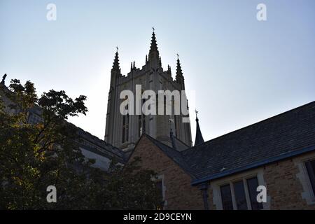 Blick nach oben auf den Turm der St Edmundsbury Cathedral in Bury St Edmunds, Suffolk, England. Bäume und Gebäude sind vor der Kirche zu sehen. Stockfoto