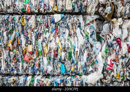 Zerkleinerte Plastikflaschen und Kannen zum Recycling in Würfel gestapelt. Stockfoto