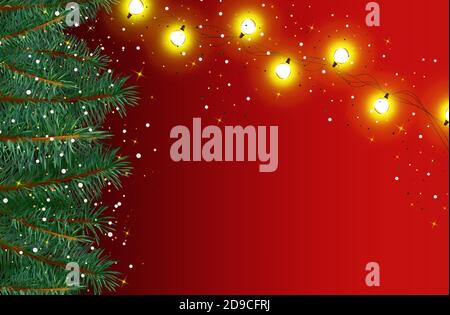 Neujahr, Weihnachten Hintergrund mit Schneeflocken, funkelt auf einem roten Hintergrund. Weihnachtsbaum Äste mit leuchtenden Girlanden mit Kopierraum, leer, Banner für Ihren Text. 3d-Vektordarstellung. Stock Vektor