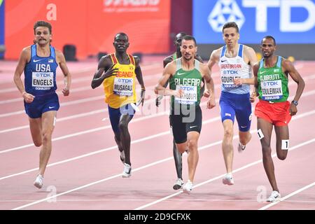 Ayandeh Souleiman, Taoufik Makhloufi, Ronald Musagala, Craig Engels, Neil Gourley. 1500 Meter heizt. IAAF Leichtathletik-Weltmeisterschaften, Doha 2019 Stockfoto