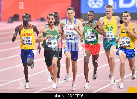 Ayandeh Souleiman, Taoufik Makhloufi, Kalle Berglund, Ronald Musagala, Neil Gourley. 1500 Meter heizt. IAAF Leichtathletik-Weltmeisterschaften, Doha 2019 Stockfoto