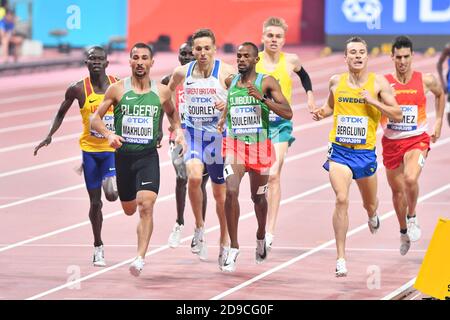 Ayandeh Souleiman, Taoufik Makhloufi, Kalle Berglund, Ronald Musagala, Neil Gourley. 1500 Meter heizt. IAAF Leichtathletik-Weltmeisterschaften, Doha 2019 Stockfoto