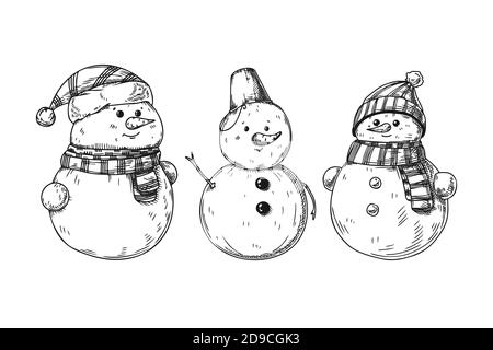 Satz von verschiedenen Schneemänner isoliert auf weißem Hintergrund. Skizze, handgezeichnete Illustration Stock Vektor