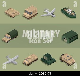Militärische Symbole mit Flugzeugen, LKW, Panzer, Kriegsschiff isometrischen Design Vektor-Illustration gesetzt Stock Vektor