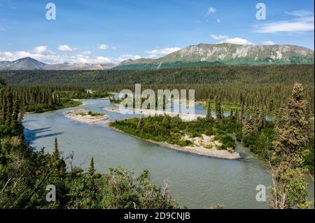 Nordamerika; Usa; Alaska; Alaska Range Mountains; Denali Highway; Taiga Forest; Nenana River Stockfoto