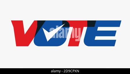 Wählen Sie Großbuchstaben Großbuchstaben fett, rot und blau Farbe, Häkchen in Buchstabe O, Konzept, Vektor-Illustration. USA Stimmrechtsemblem Stock Vektor