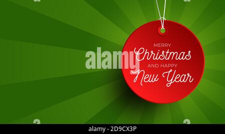 Frohe Weihnachten Sale Banner. Red Round Preisschild hängt auf einem Faden auf einem grünen Luxus-Hintergrund mit leerem Platz für Text Stock Vektor