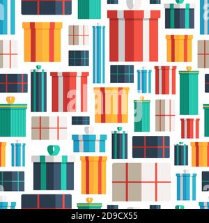 Weihnachtsgeschenkboxen Nahtloses Muster. Vektor-Muster von bunten Geschenkverpackungen für Weihnachten, Neujahr oder Urlaub Themen. Stock Vektor