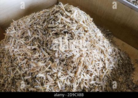 Haufen getrockneter geschälter Sardellen. Beliebte Zutat in der asiatischen Küche. Stockfoto