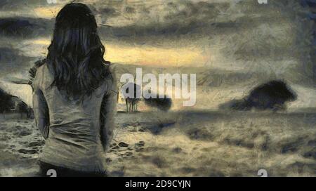 Mädchen auf dem Hintergrund der Landschaft. Abenduntergang. Bleistiftzeichnung Stockfoto