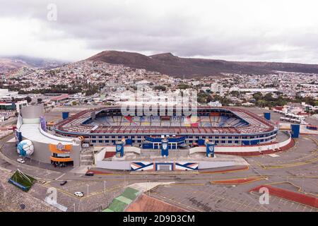 Luftaufnahme des Estadio Hidalgo, Heimat des Fußballteams Pachuca in Pachuca, Hidalgo, Mexiko. Stockfoto