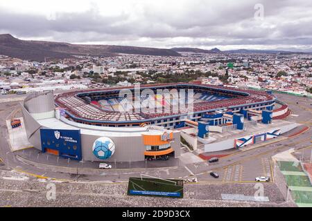 Luftaufnahme des Estadio Hidalgo, Heimat des Fußballteams Pachuca in Pachuca, Hidalgo, Mexiko. Stockfoto