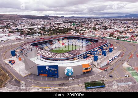 Luftaufnahme des Estadio Hidalgo, Heimat des Fußballteams Pachuca in Pachuca, Hidalgo, Mexiko. Stockfoto