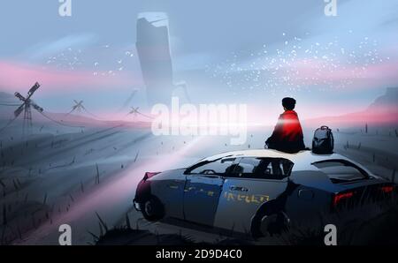 Digitale Illustration Malerei Design-Stil ein Mann sitzt auf dem Dach des alten Polizeiautos, gegen Aliens Roboter. Stockfoto