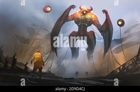 Digitale Illustration Malerei Design-Stil ein Ingenieur gegen große Roboter und Aliens Technologie in geheimnisvollen Ort. Stockfoto