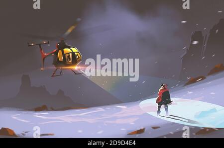 Digitale Illustration Malerei Design Stil Rettungsteams verwendet Hubschrauber traf einen Mann im Schneesturm gegen kalte Nacht. Stockfoto
