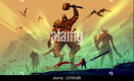 Digitale Illustration Malerei Design-Stil ein Ritter und großes Schwert gegen Dämonen Armeen. Stockfoto