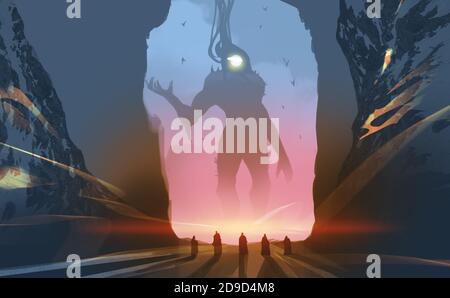 Digitale Kunst Malerei Design-Stil Priester stehen vor der Hölle Tor, gegen viele Teufel. Stockfoto