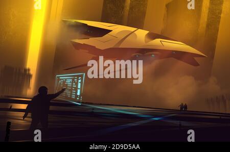 Digitale Illustration Malerei Design-Stil ein Raumschiff ist in Aliens Höhle, gegen Astronauten arbeiten in ihm. Stockfoto