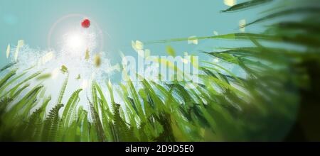 Nahaufnahme Wiese aus Wurm Blick gegen blauen Himmel und roten Ballon, digitale Illustration Kunst Malerei Design-Stil. Stockfoto