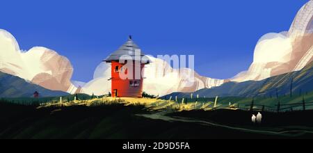 Rotes Haus auf einem Hügel mit Wiese gegen blauen Himmel und geschwollene Wolken, digitale Illustration Kunst Malerei Design-Stil. (Breitbild) Stockfoto