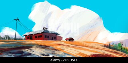 Rotes Haus in der Wüste mit Sportwagen gegen blauen Himmel und geschwollene Wolken, digitale Illustration Kunst Malerei Design-Stil. (Breitbild) Stockfoto