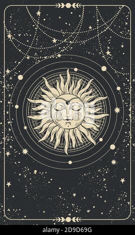 Mystische Zeichnung der Sonne mit einem Gesicht, Tarot-Karten, Boho-Illustration, magische Karte. Goldene Sonne mit geschlossenen Augen auf schwarzem Hintergrund mit Sternen. Vektor-Handzeichnung Stock Vektor