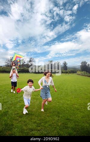 Die glückliche vierköpfige Familie fliegt einen Drachen Stockfoto