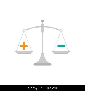 Schwarze mechanische Waage mit Plus und Minus in Pfannen. Wert, Lösung und Rationalität Gleichgewicht. Vor- und Nachteile Skala. Vektorgrafik auf weißem Hintergrund Stock Vektor