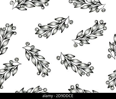 Beerenzweige nahtloser Hintergrund, handgezeichnete Tinte Illustration mit Beerenzweig, Weihnachtsbeere Dekoration für Karten, Hintergrund, Stoff oder Verpackung Stockfoto