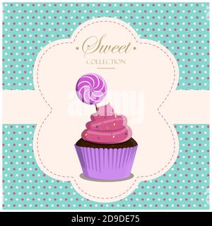 Cupcake mit Topping im Retro-Stil mit geometrischem Hintergrund und Retro-Elementen. Vektor-Grußkarte für einen Geburtstag oder Urlaub. Dessert für eine Website, Bäckerei, Menü oder Konditorei Stock Vektor