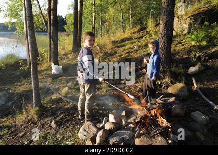 Kinder braten Würste über Feuer im Wald, Karelien Stockfoto