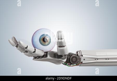 Die Roboterhand hält das menschliche Auge. 3D-Darstellung. Stockfoto